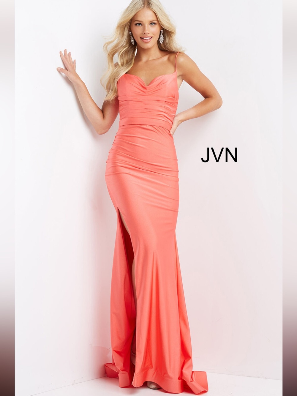 JVN by Jovani 7641A Coral Strapless Ruched Mermaid Evening Gown